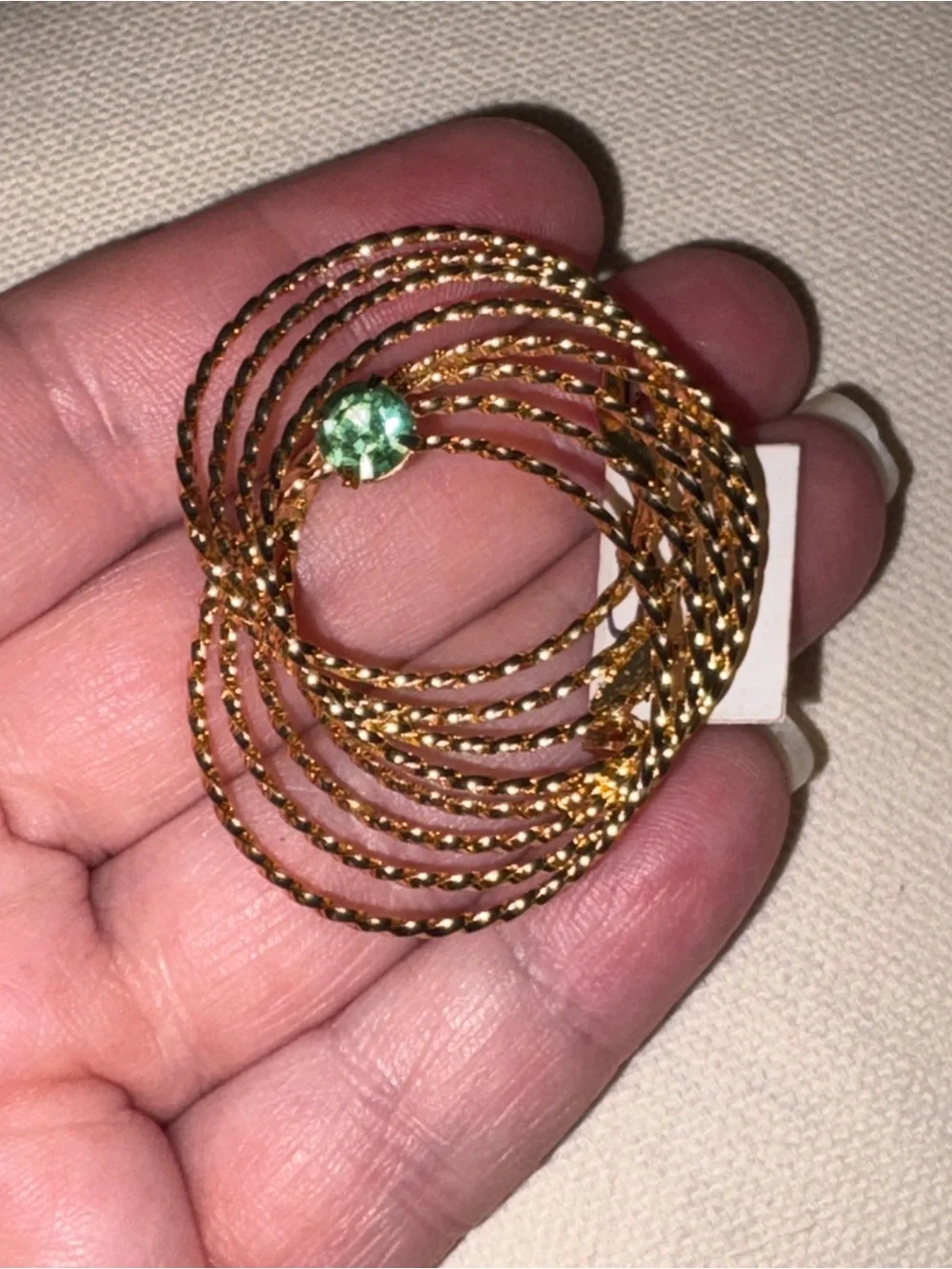 Gold Spiral Multi-Bangle Brooch with Green Stone Accent